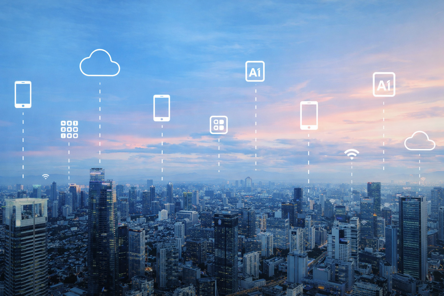 Modern city skyline with integrated technology icons representing AI, cloud services, mobile connectivity, and digital transformation in enterprise systems
